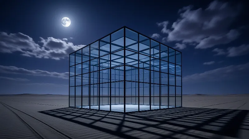 A transparent glass cube stands in a vast sandy desert under a deep blue night sky illuminated by a bright full moon.