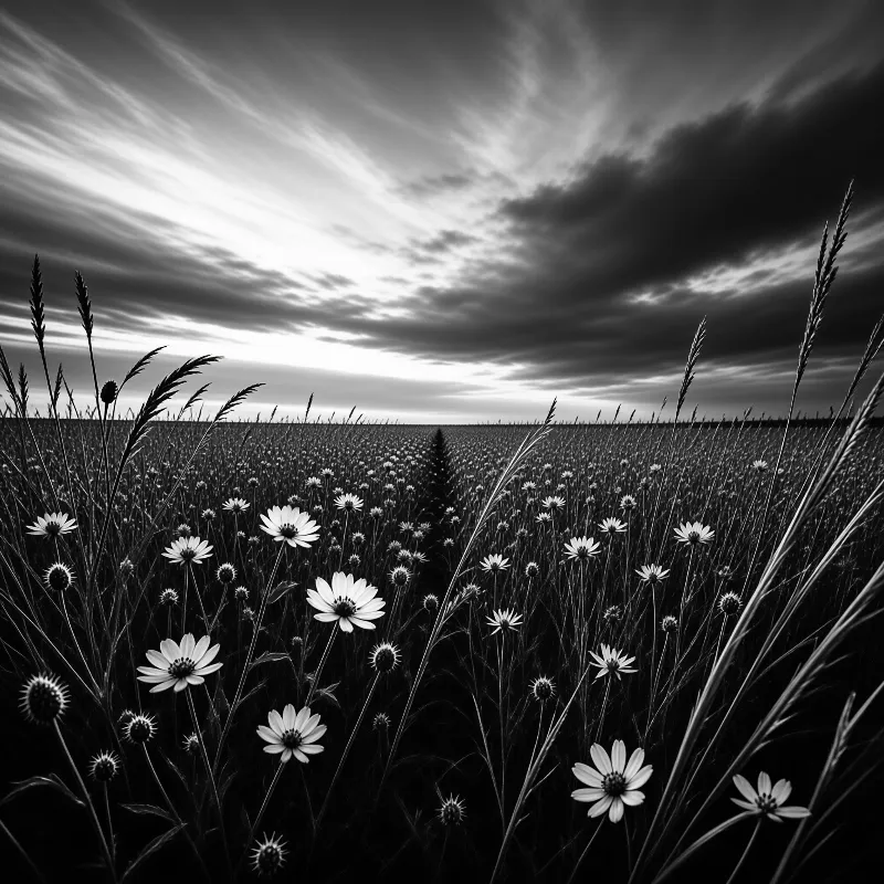 A monochrome daisy field recedes toward a low horizon while streaky clouds sweep across the pale sky.