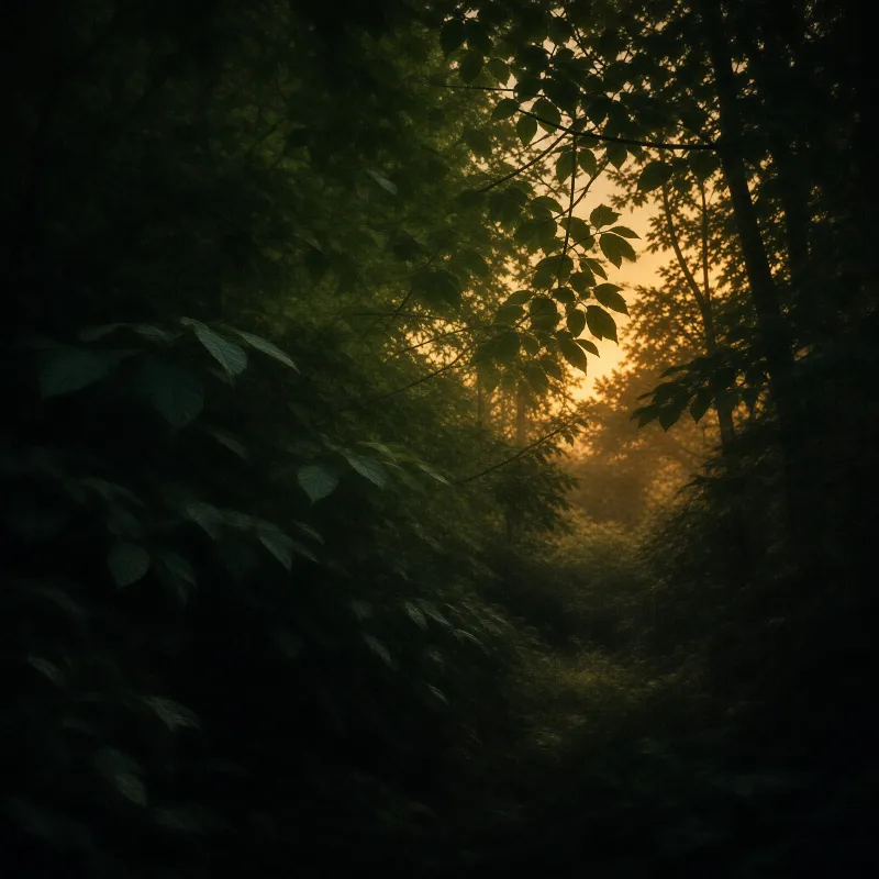 A dense dark forest with a bright warm golden glow shining through the trees at the center creating a natural path of light.