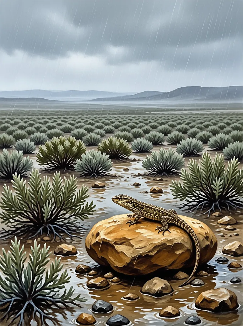 A lizard rests on a smooth brown rock surrounded by green marsh plants under a rainy sky.