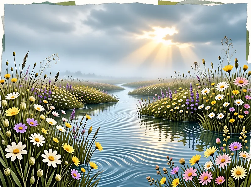 Painted scene of a meandering waterway flanked by colorful daisies and tall grass as bright sunlight bursts through the overcast sky.