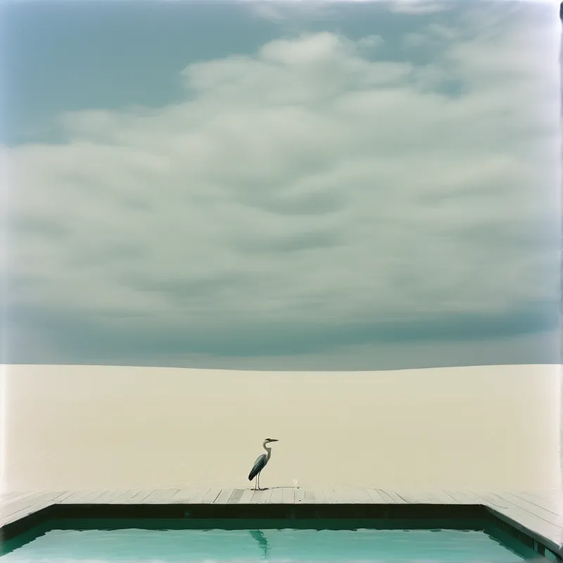 A solitary grey heron stands on a wooden deck beside a pool overlooking a pale dune under a cloudy sky