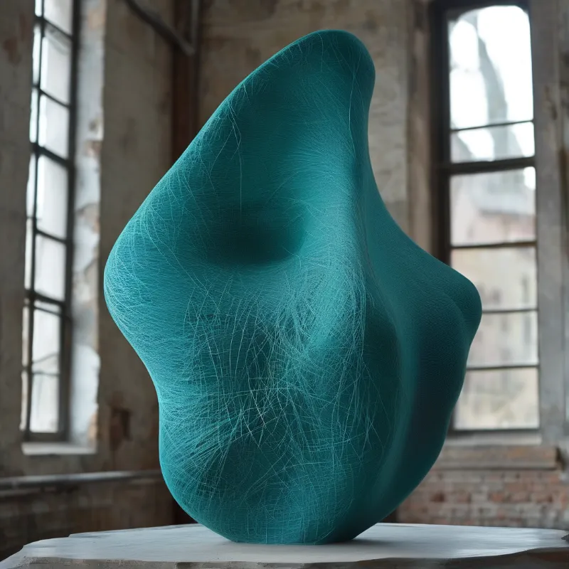 A smooth teal abstract sculpture featuring fine white lines rests on a white base within a sunlit industrial brick space.