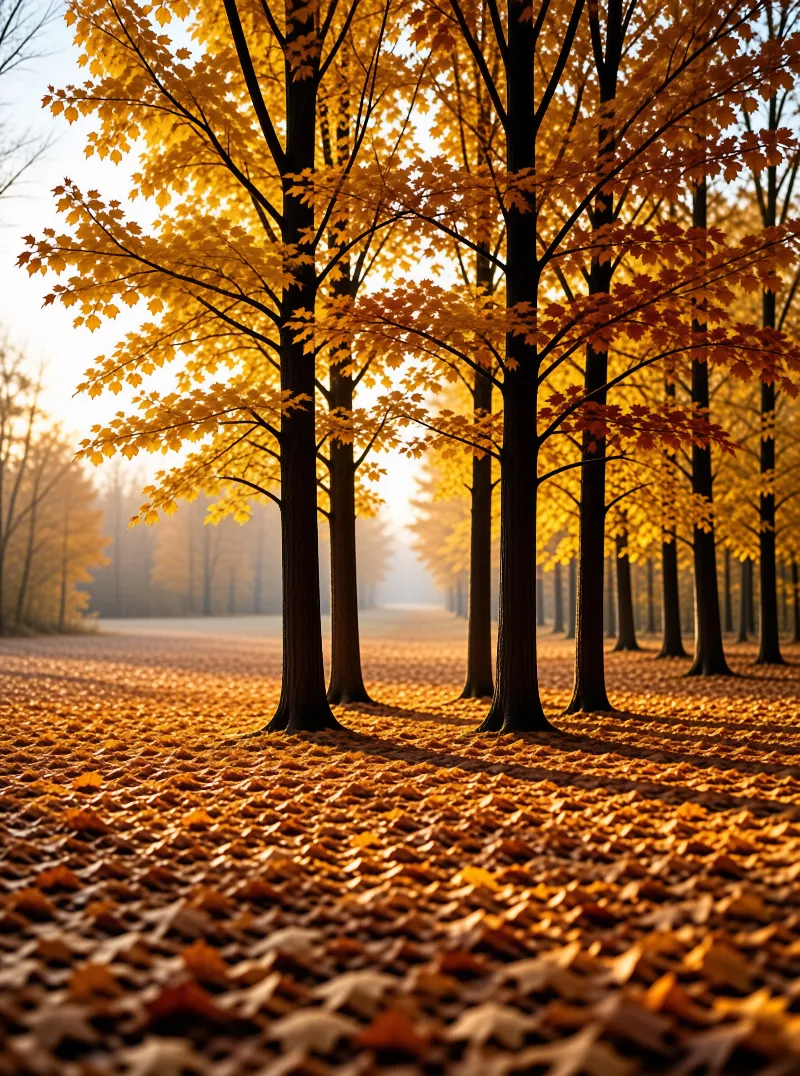 Tall trees with bright yellow leaves line a path covered in fallen foliage under soft morning light and mist.