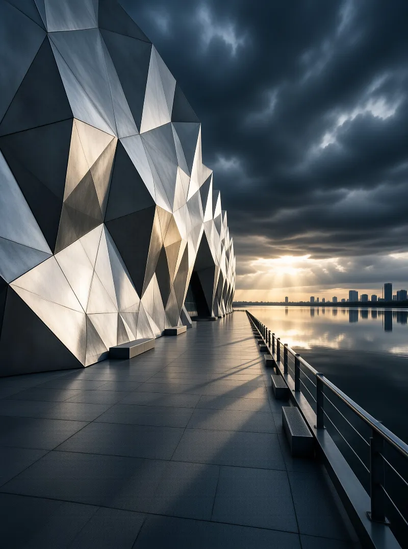 Faceted metal panels catch light near calm water while dark clouds hover above a distant city skyline.