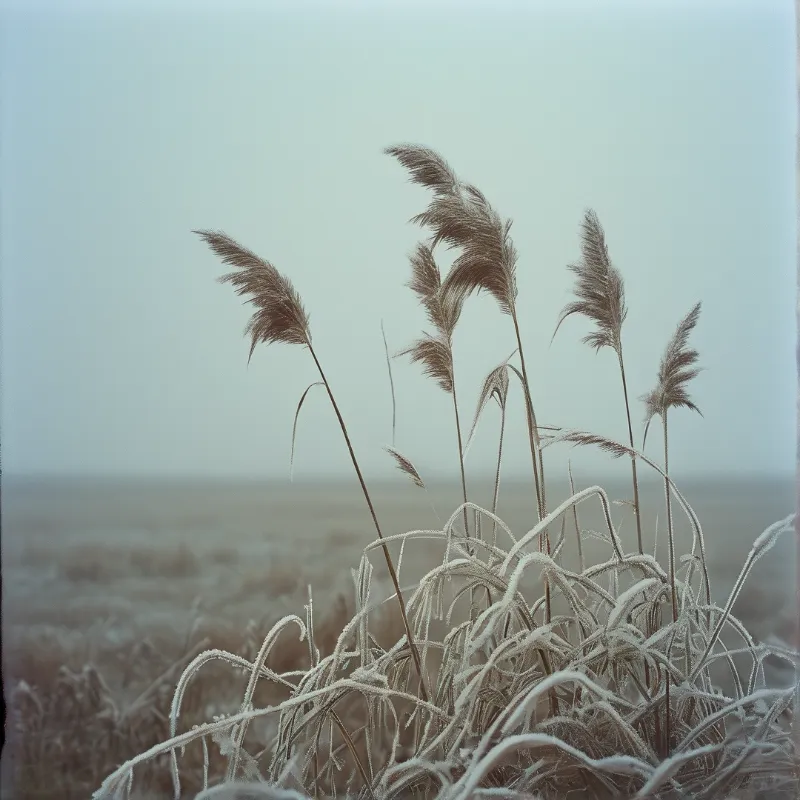 Tall brown grasses covered in white frost stand out against a foggy grey field in the distance.