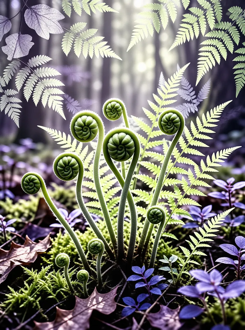 Emerging fern spirals rise from green moss and purple foliage under soft, dappled forest sunlight filtering through canopy.