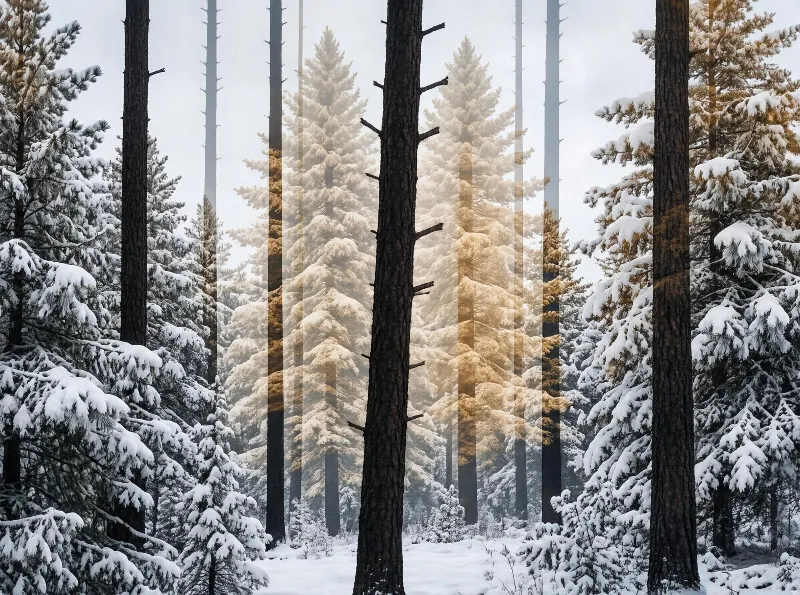 A snowy forest with tall pine trees covered in snow, surrounded by mist and soft winter light.