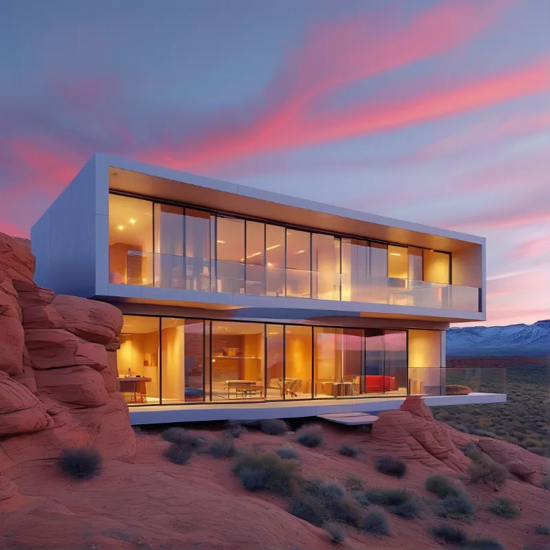 Contemporary glass structure with warm interior lighting perches on red rock cliffs beneath a soft pink and blue twilight sky