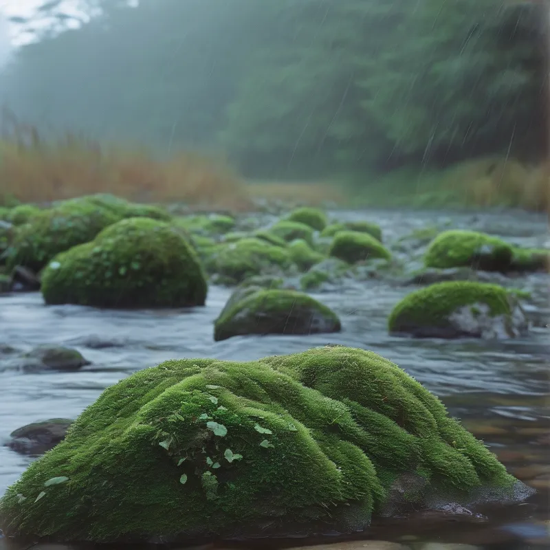 Rounded stones draped in vivid green moss sit in a shallow river while fine rain streaks the misty air.
