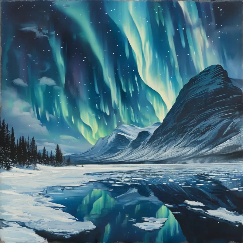 Green and teal northern lights curtain above snow covered peaks and a frozen lake with dark reflections of the aurora.