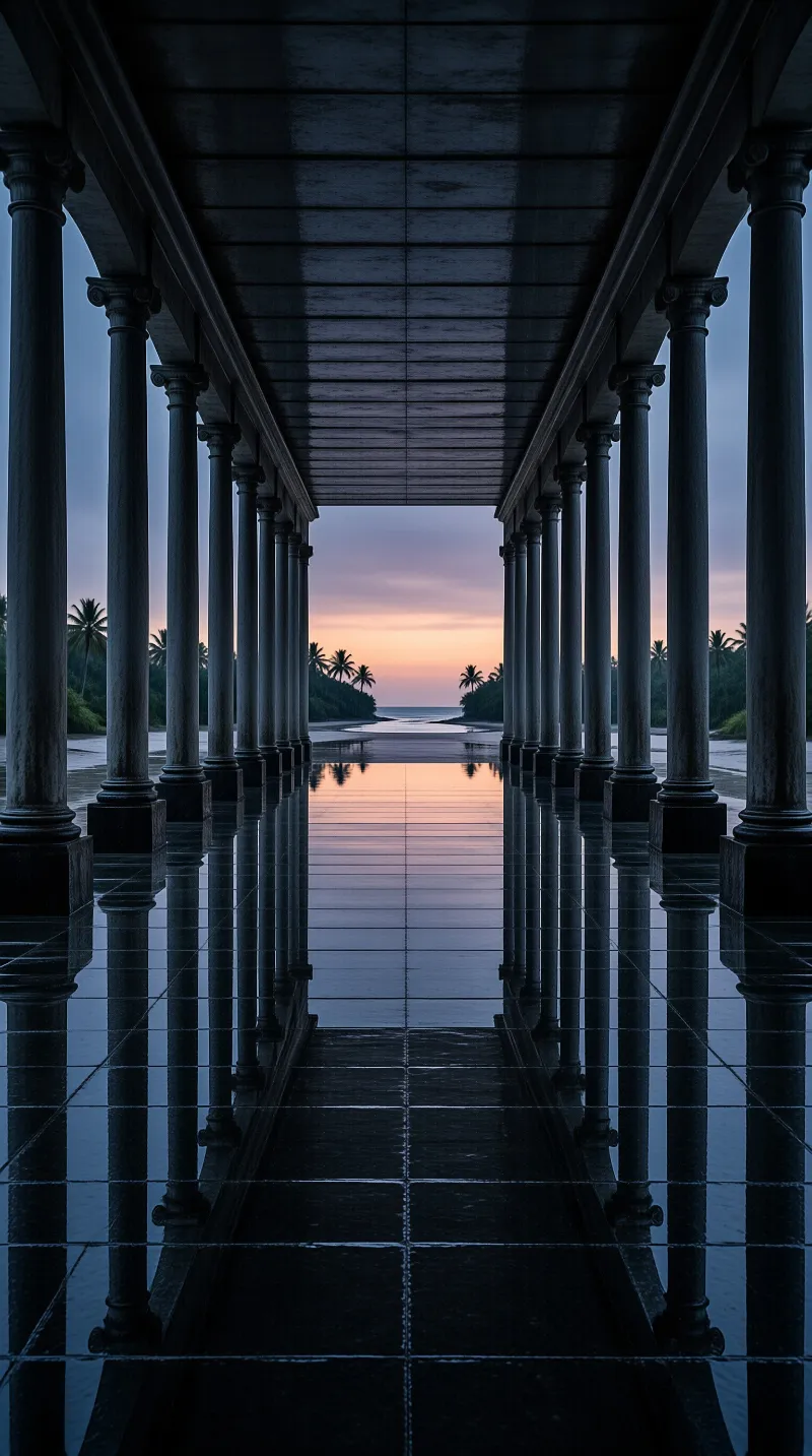 Rows of classical columns line a polished hall that mirrors a pink sunset between silhouetted palms