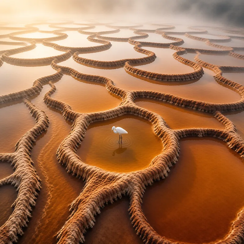 A white egret stands in an orange salt pool surrounded by winding earthen ridges under soft golden morning light.