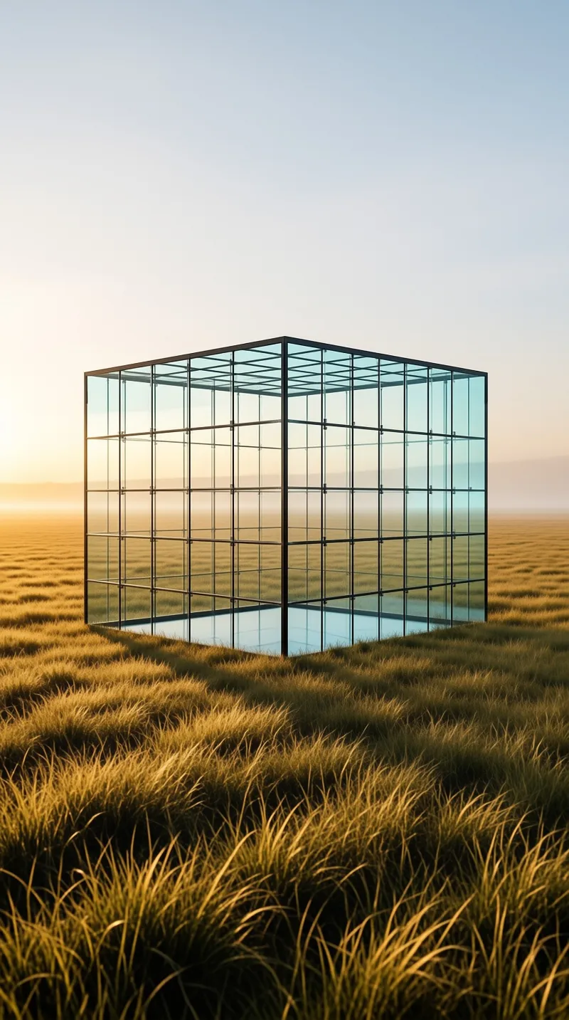 A transparent glass box with black metal frames sits in a vast expanse of golden prairie grass under a soft sky.