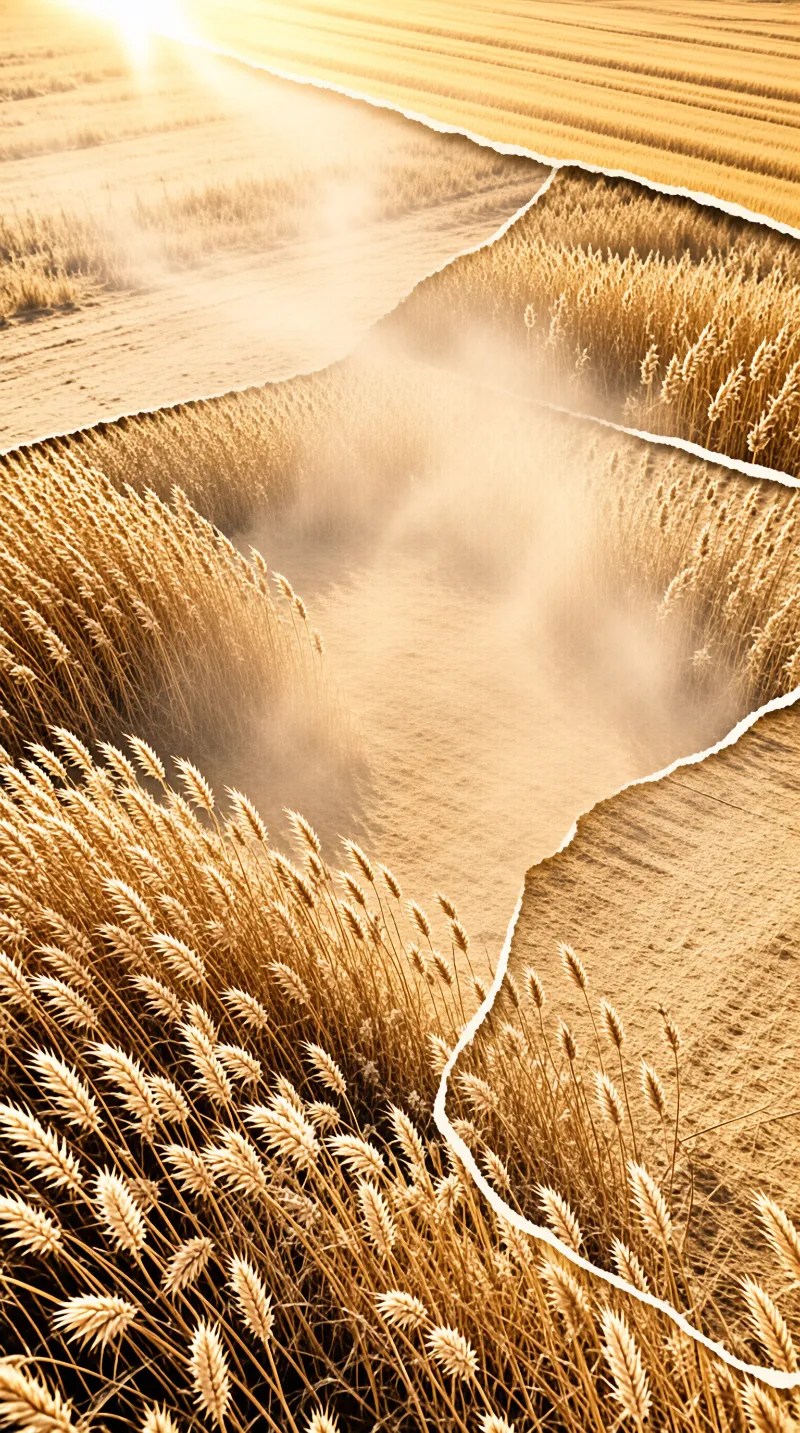 Layered golden wheat field collage under warm sunrise light, fog drifts between torn paper segments of crops and paths.