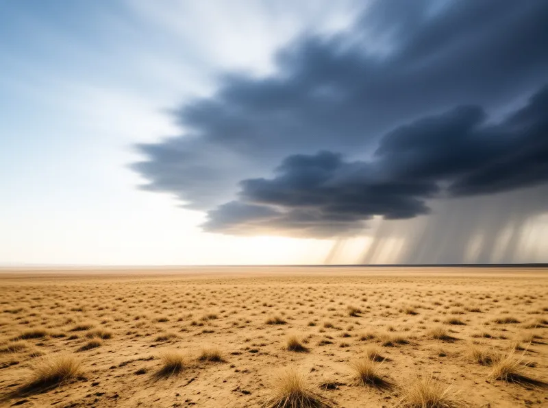 A dark rain-bearing cloud hangs low over a flat desert steppe dotted with tufts of dry golden grass