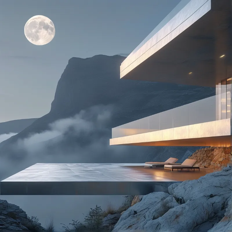 A modern house juts over a rocky cliff while warm interior lights glow against a misty moonlit valley.
