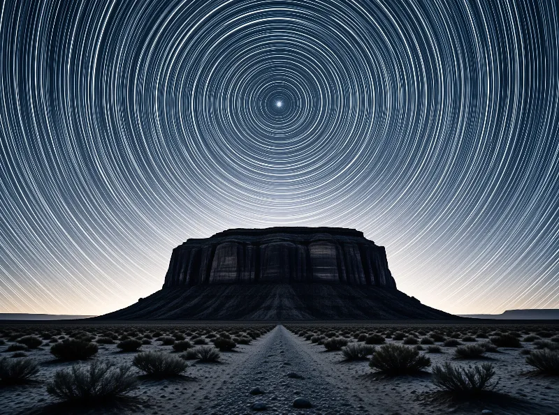 Circular star trails spin above a silhouetted desert mesa where a dirt path leads toward the rock base.