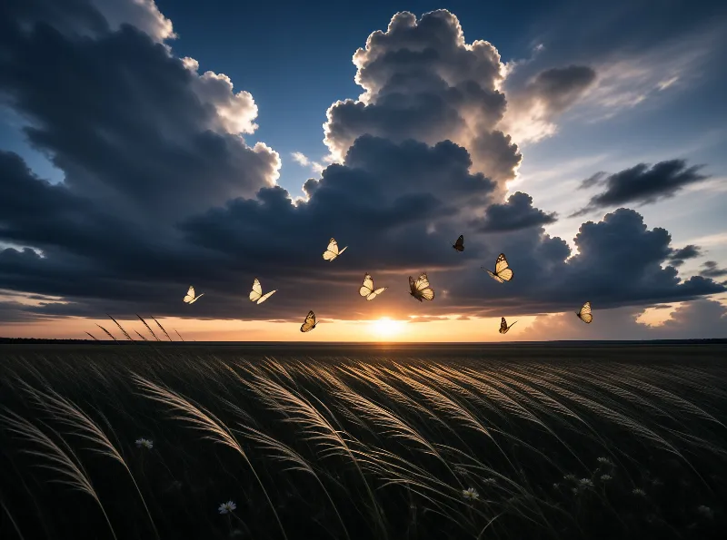 A flock of butterflies flies across a windswept grassy plain under a dramatic sky with large clouds and a low setting sun.