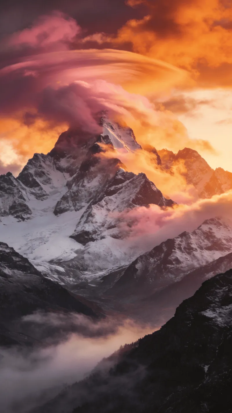Majestic Mountains at Sunrise — Snowy Peaks with Swirling Clouds