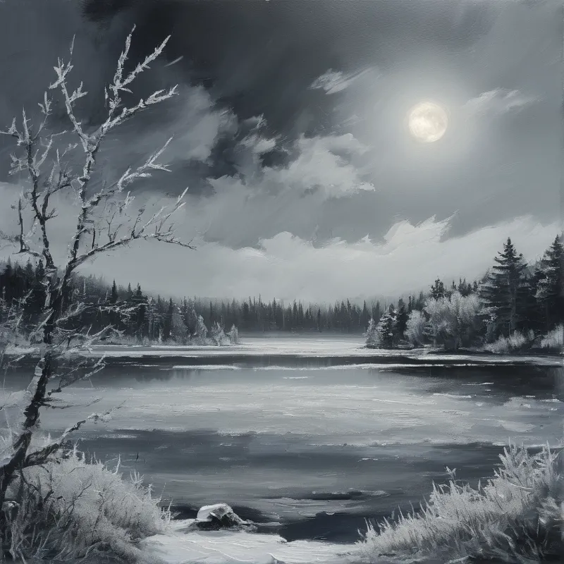 A painted winter landscape features a frozen body of water surrounded by dark pine trees beneath a cloudy night sky with a glowing moon.
