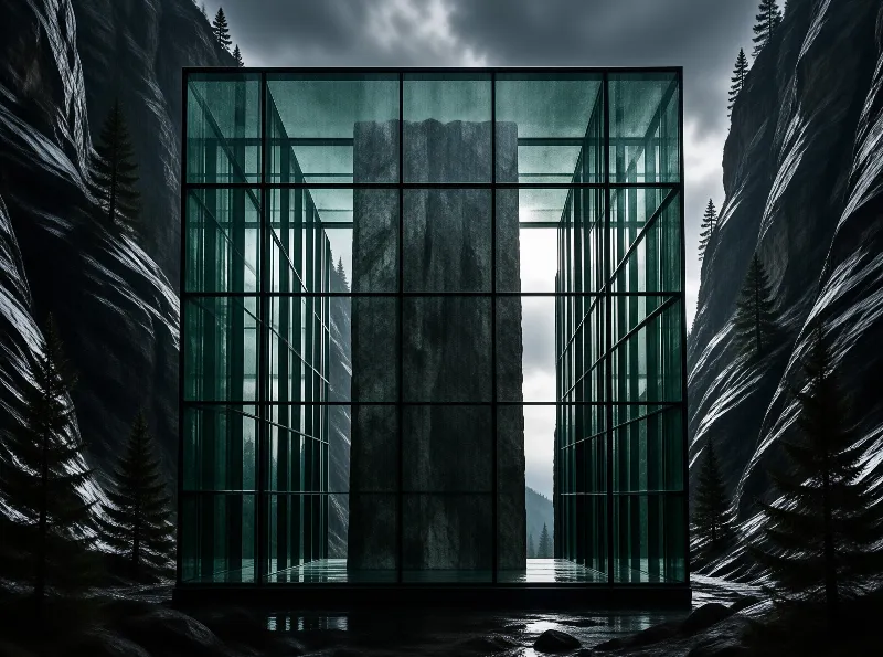 A green glass grid structure surrounds a towering stone slab set between dark pine forest cliffs