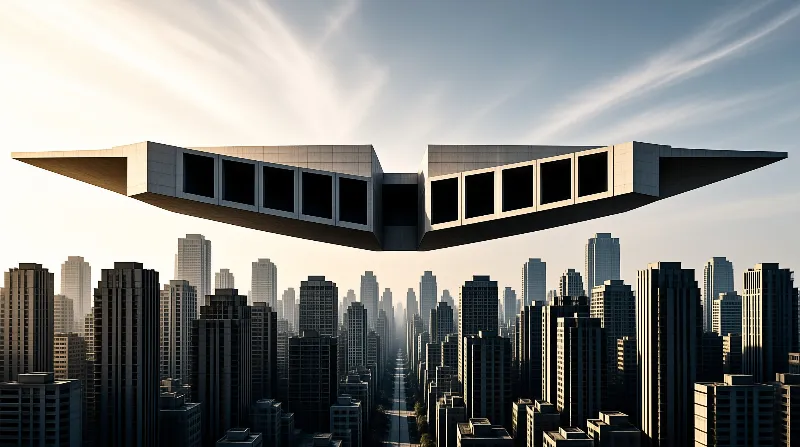 A sleek floating cantilevered structure hovers above a dense grid of skyscrapers under warm hazy dawn light.