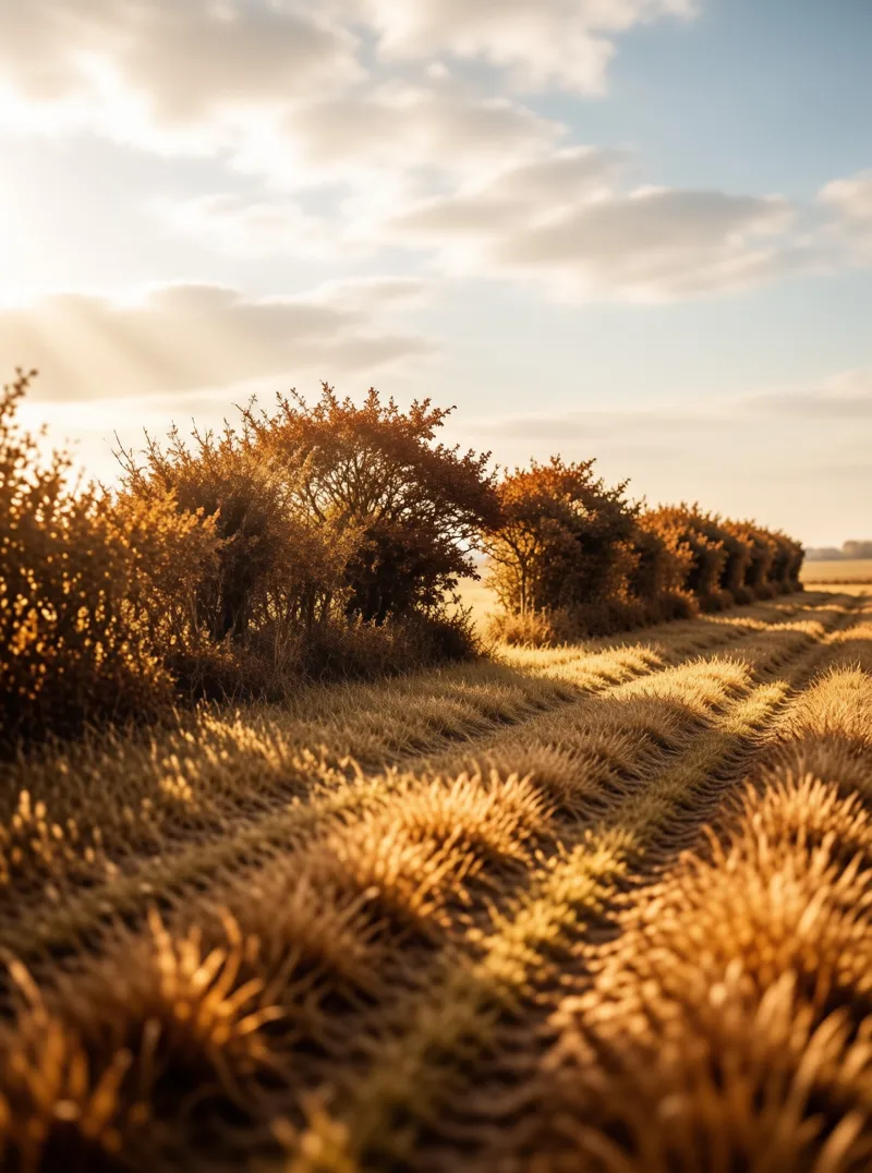 A dense row of autumn shrubs recedes along a field of rippling dry grass lit by low golden evening sunlight.