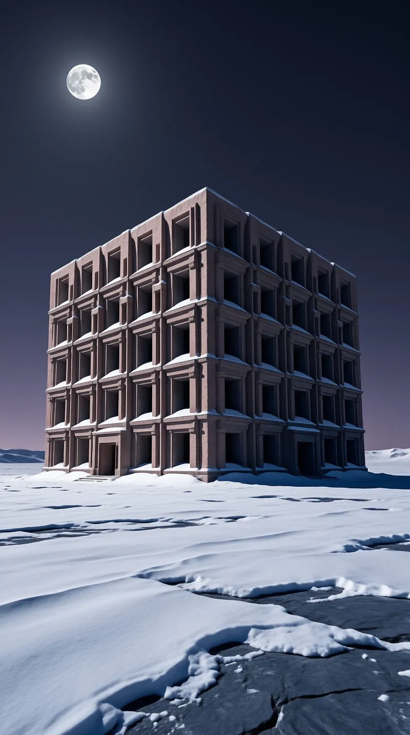 A large cubic building made of stacked blocks stands alone on a cracked frozen surface covered in snow beneath a moon.