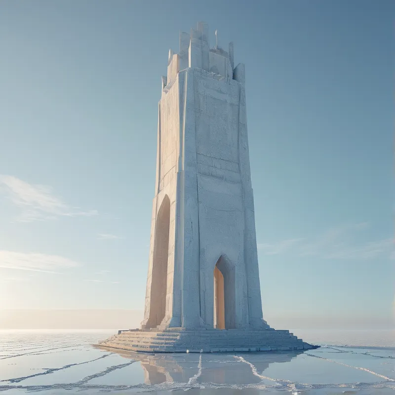 A massive white stone structure with arches stands on a cracked reflective surface under a clear blue sky.