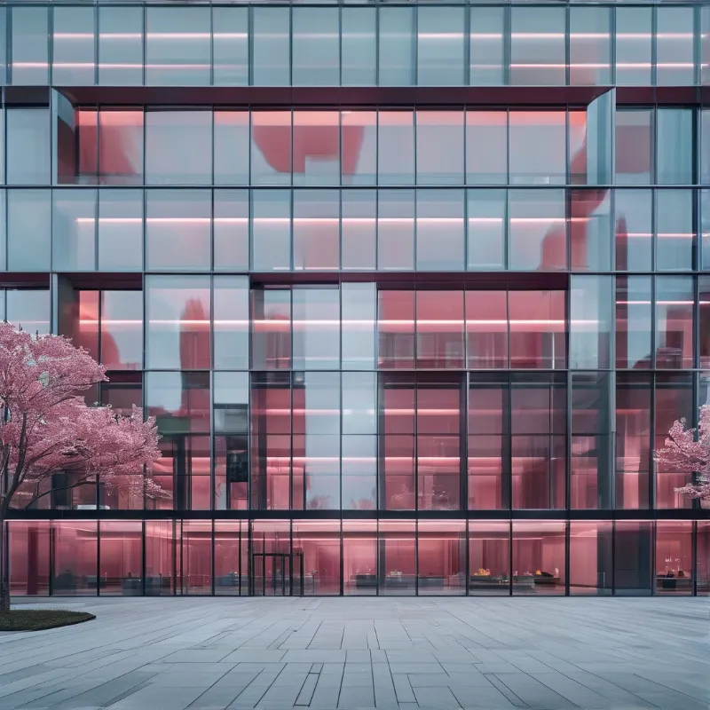 A modern glass building glows with pink light while cherry blossom trees stand beside the entrance.