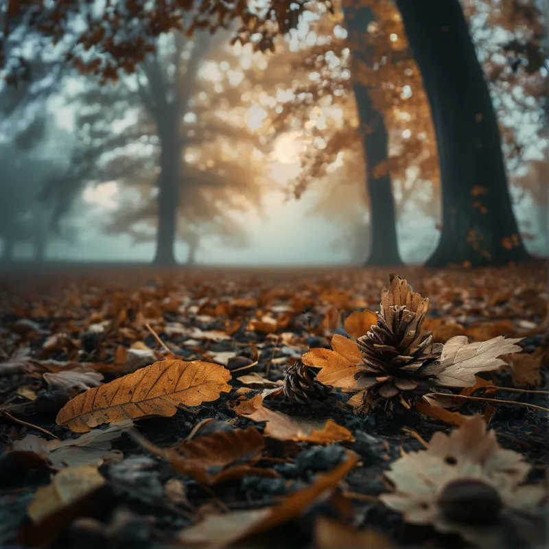 Dried oak leaves and pinecones rest on the forest floor as golden sunlight beams through the misty trees in the background.