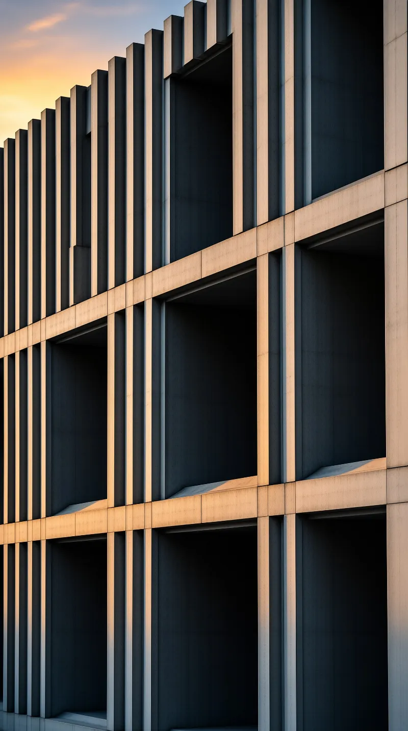 A modern building facade with recessed windows and vertical fins catching warm sunset light
