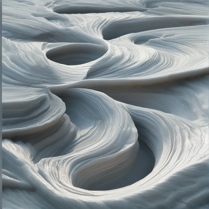 Winding salt crust ripples have fine layered ridges and shadowed hollows across a bright expanse in soft angled sunlight