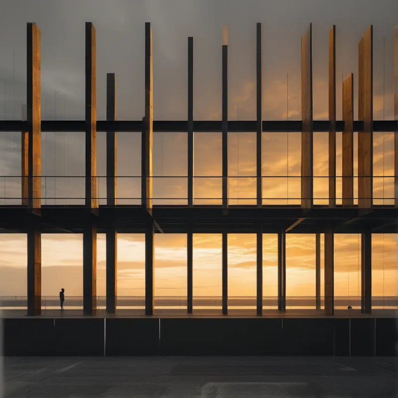 A single person stands in a minimalist colonnade structure framed by a warm golden sunset sky above a distant horizon.