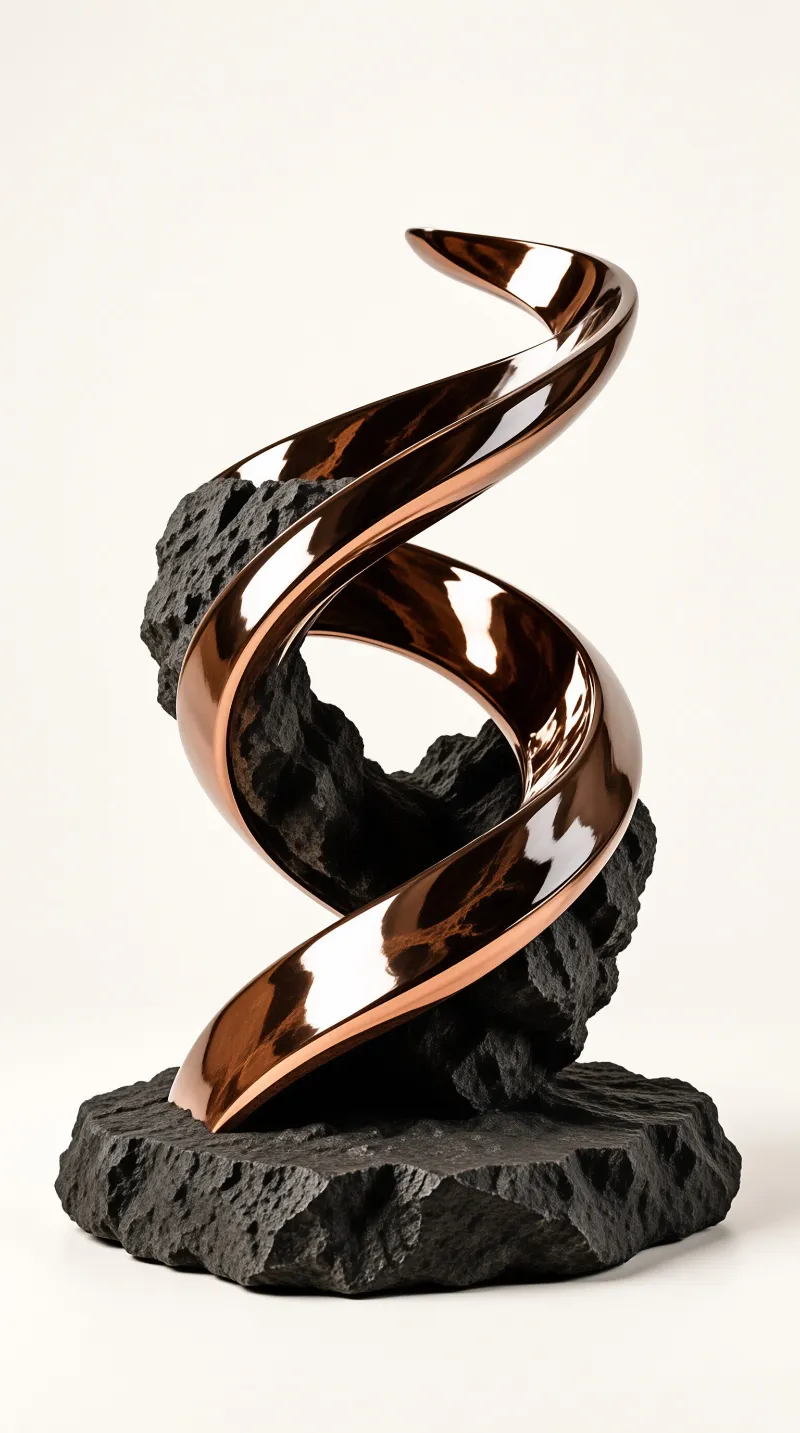 A reflective copper ribbon curves around a rough black volcanic rock base, lit brightly against a plain white background.