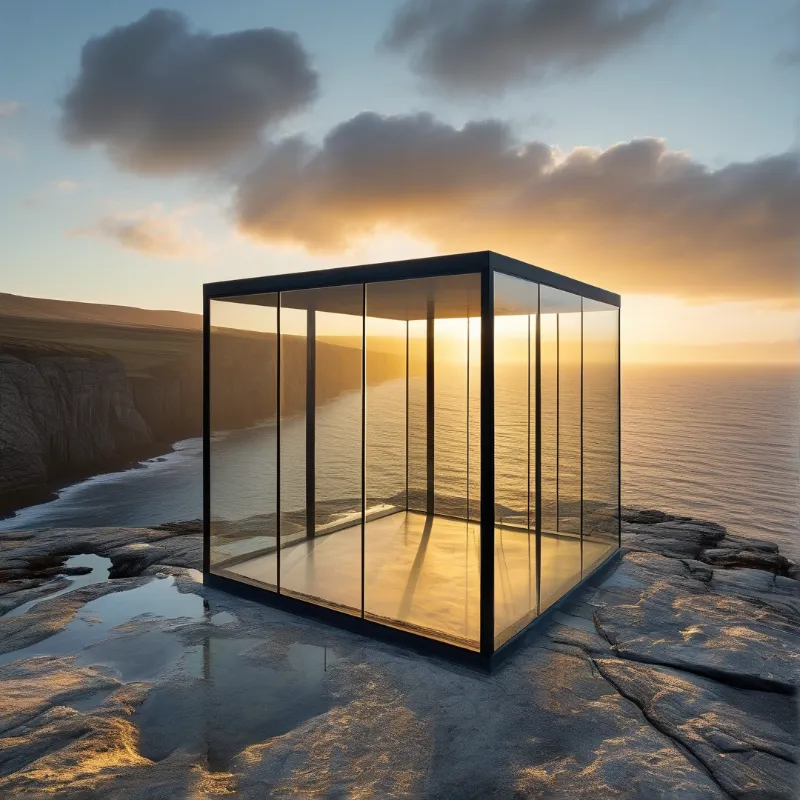 Glass Cube on Rocky Shore