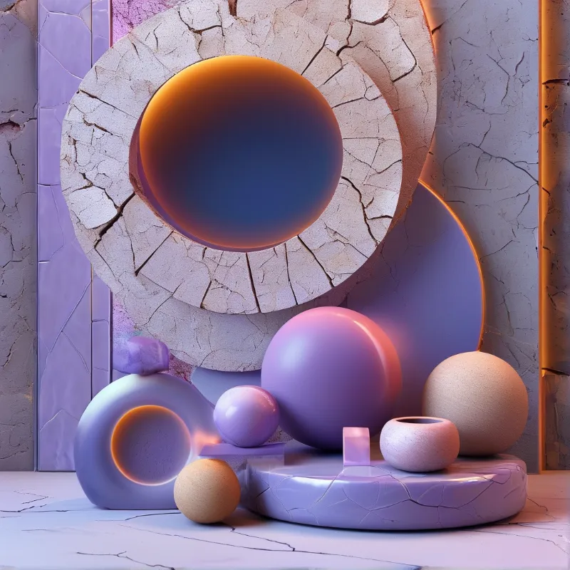 A collection of smooth purple and orange geometric spheres arranged on a cracked white surface with soft ambient lighting.