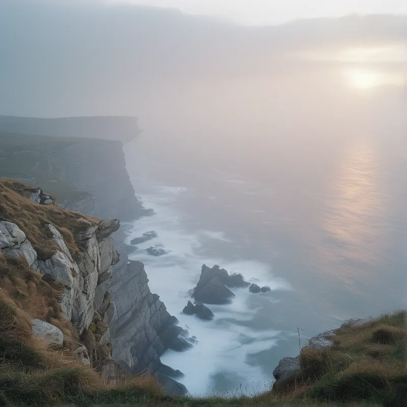 Rocky coastal cliffs covered in dry grass overlook silky waves crashing against the shore under a foggy sky.