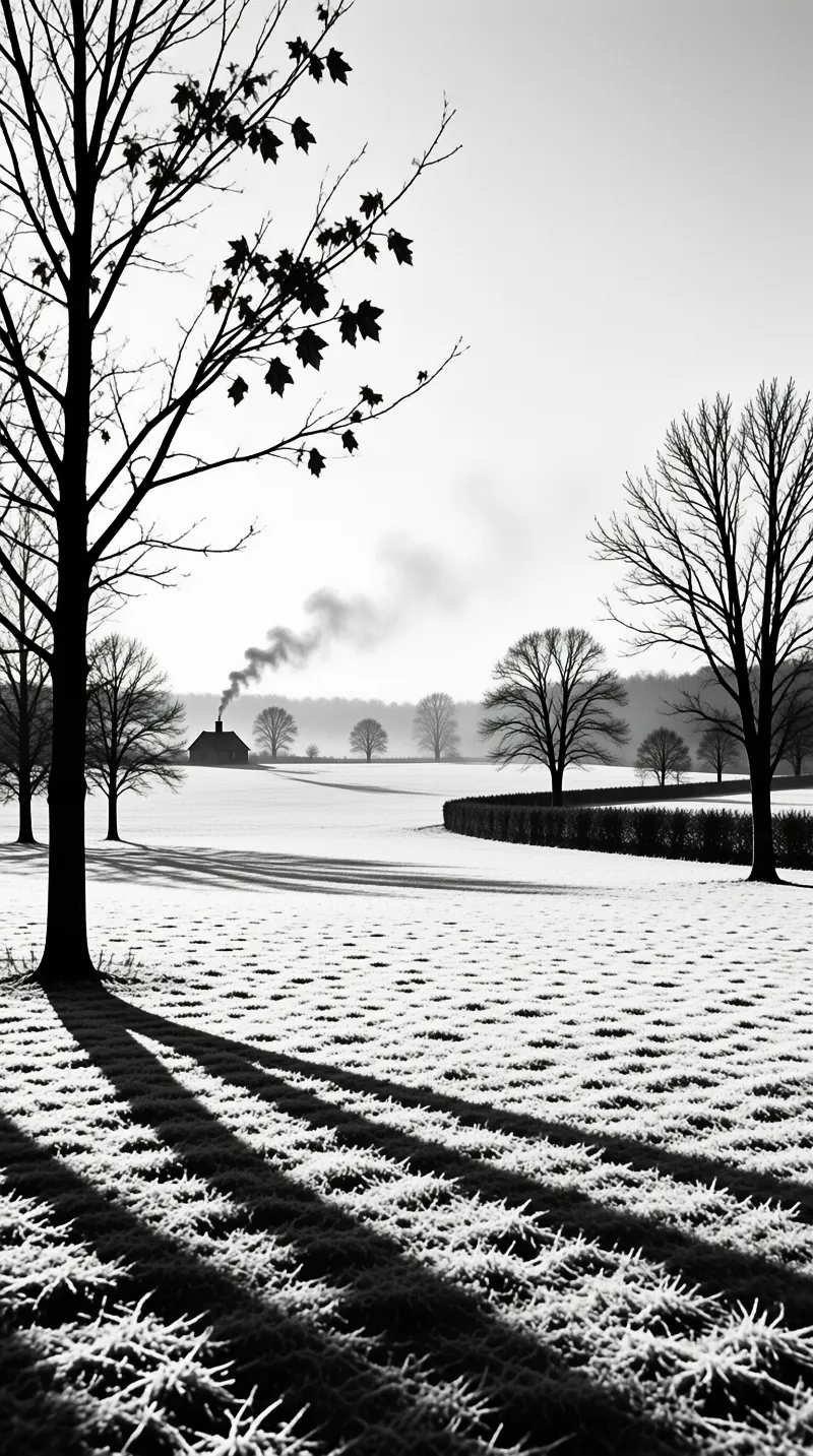 A silhouetted tree stands in the foreground of a frosty field while smoke rises from a small house in the distance.