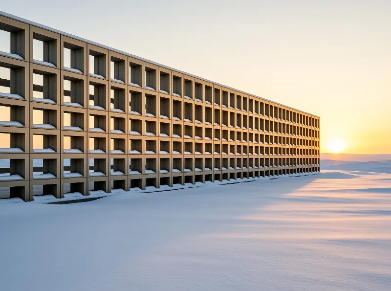 Repeating concrete hollow box units line a long facade resting on a windswept snowy plain, lit by warm low sunset light casting long pale shadows