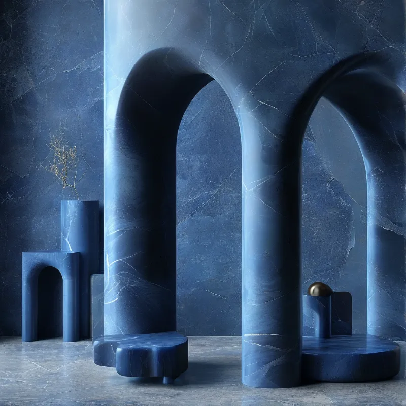 Veined blue marble arches sit in a dim minimalist room, cool light highlights their smooth curved surfaces and stone walls.