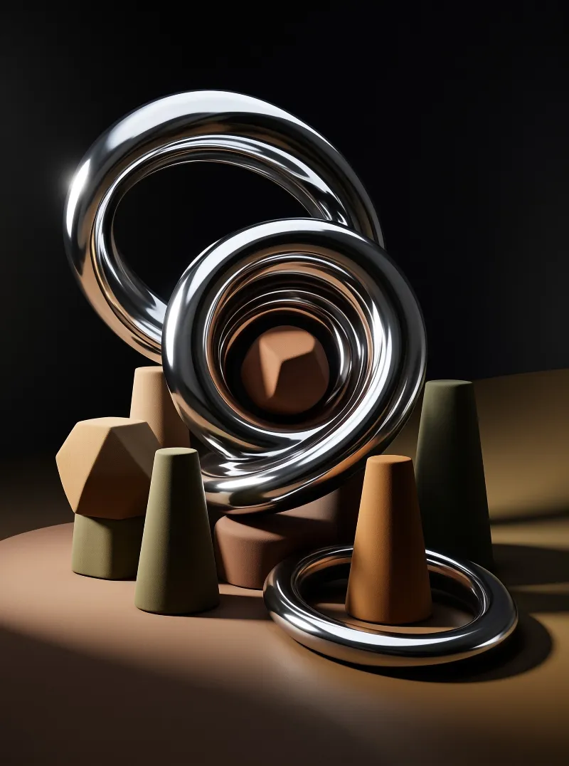 Polished metal hoops lean over a sandy mound dotted with olive and terracotta solids, all set against deep black.