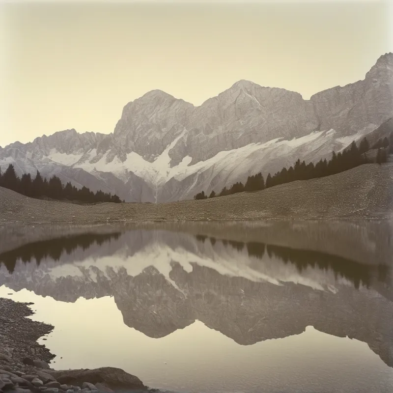 Snow covered mountain ranges dominate the landscape above a calm lake surface that mirrors the peaks in sepia tones.