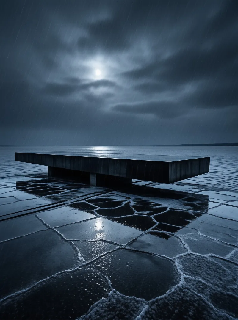 A low rectangular bench of dark stone sits on rain-slick paving while the moon glows through moving cloud