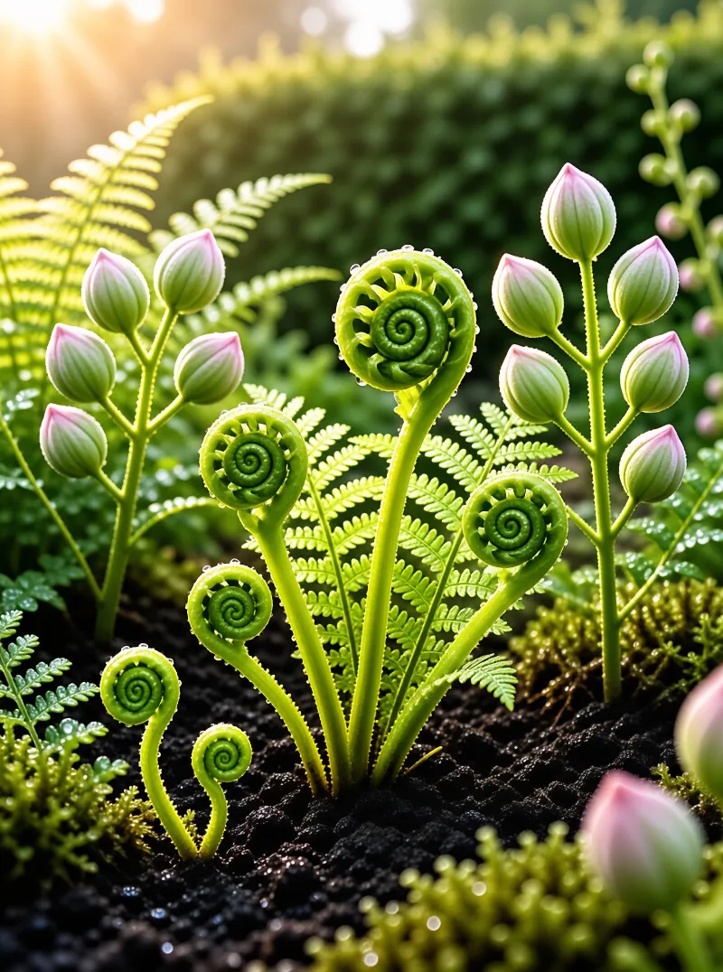 Bright green fern fiddleheads and pink buds grow from dark soil under warm sunlight.