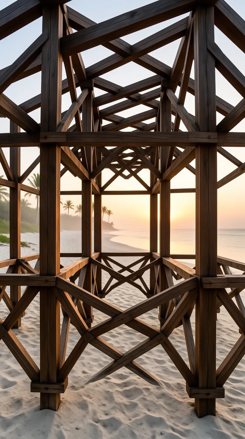A dark wooden framework stands on the sand framing a view of the ocean and palm trees under a warm sunset sky.