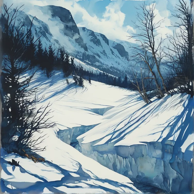 Painted winter landscape shows a deep ravine cut into snow with blue shadows, bare trees right and dark pines left.