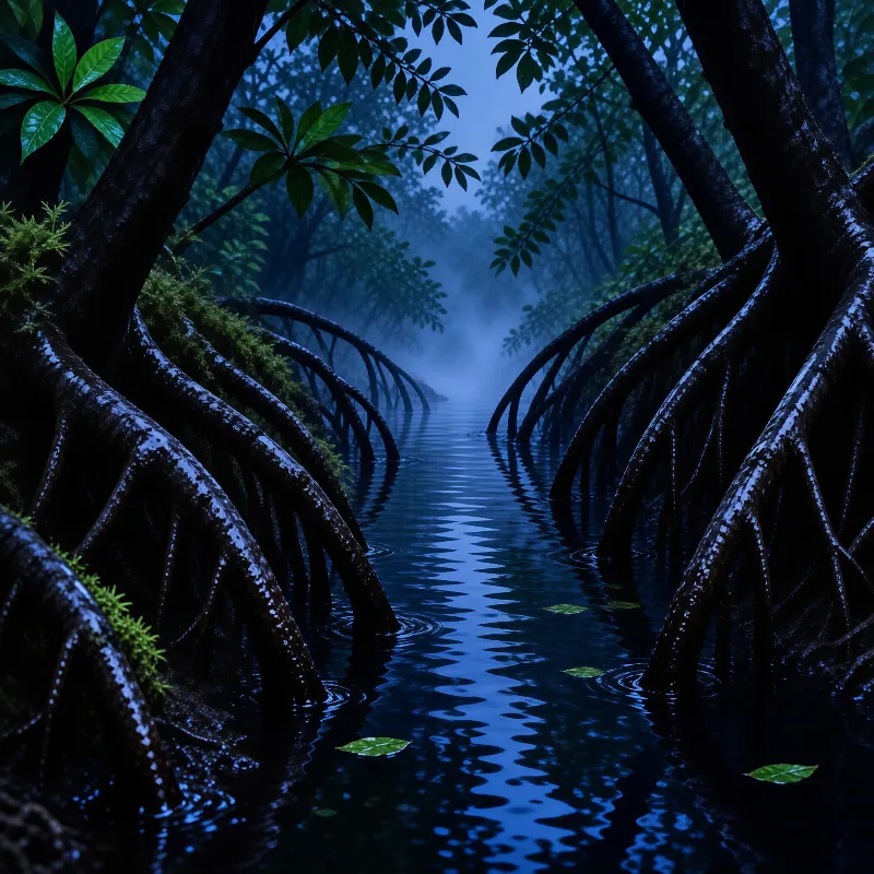 Dark mangrove roots arch over a calm blue water channel in a misty forest at twilight.