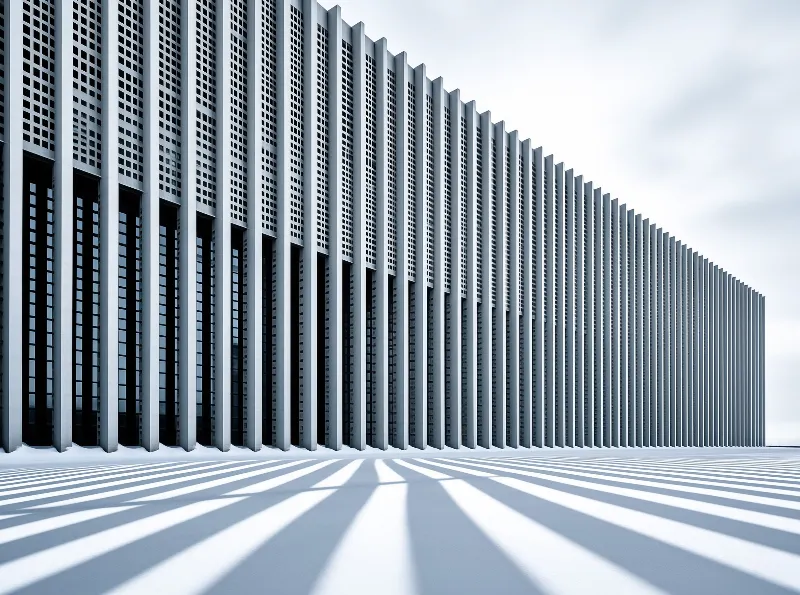 Vertical white pillars cast long dark shadows across a bright paved surface under a clear sky.